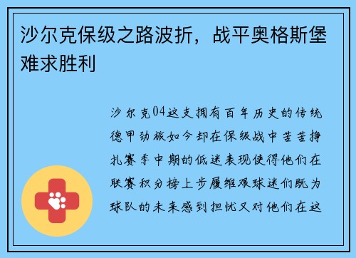 沙尔克保级之路波折，战平奥格斯堡难求胜利